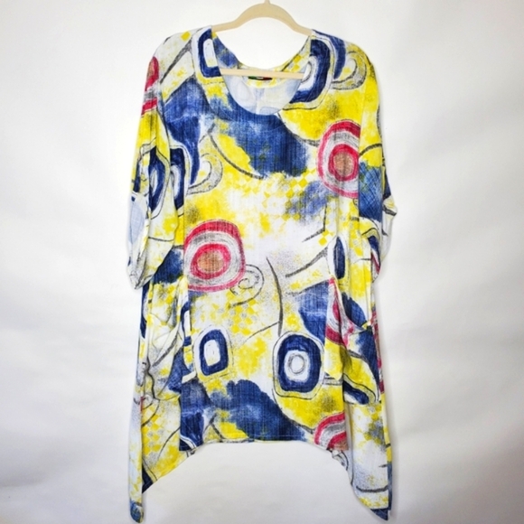 Made in Italy Linen Cotton Tunic Loose Abstract Print Lagenlook Top with Pocket - Picture 1 of 12